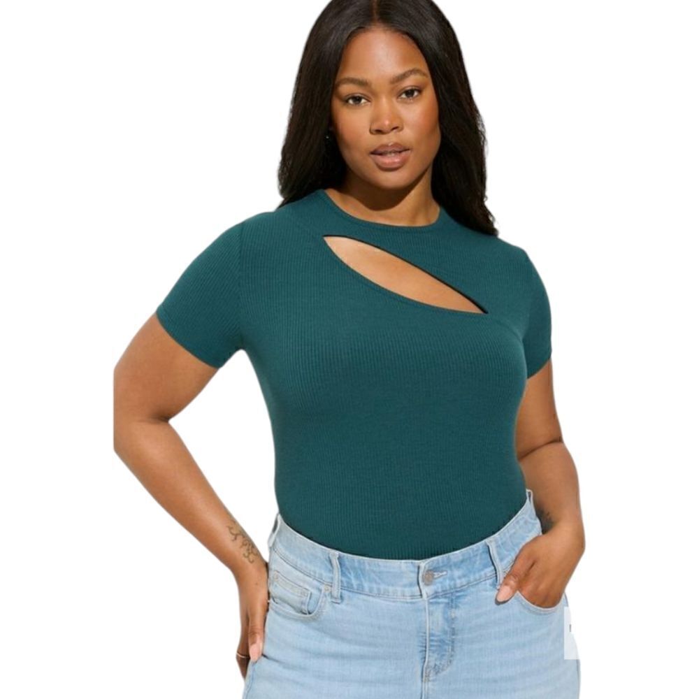 5X 28W Torrid Teal Rib Crew Neck Asymmetrical Cut Out Tee Super Soft Fitted NWT